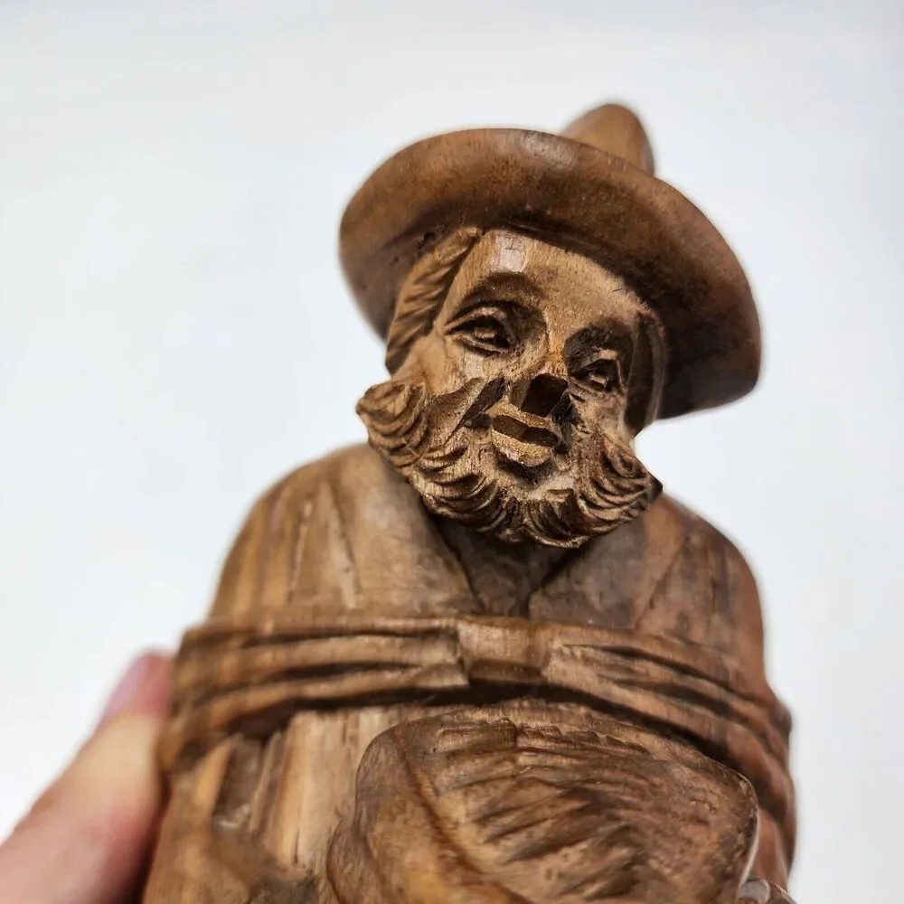 Vintage Carved Wood Sad Drifter Beard Bare Feet Hobo Folk Art Figurine Statue